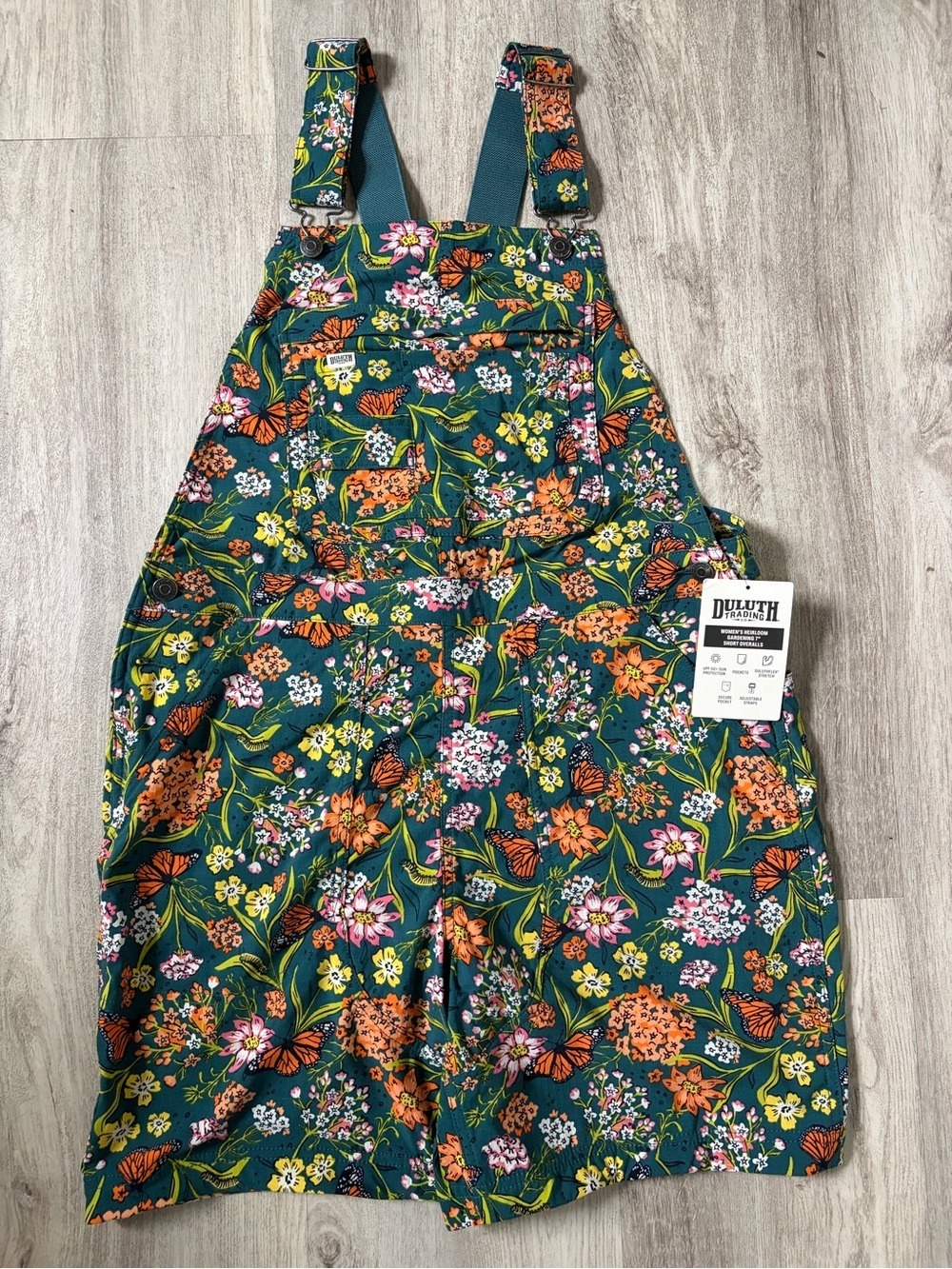 NWT Duluth Heirloom Gardening Bib Overall Shorts M Midnight Green Monarchs - Picture 2 of 13